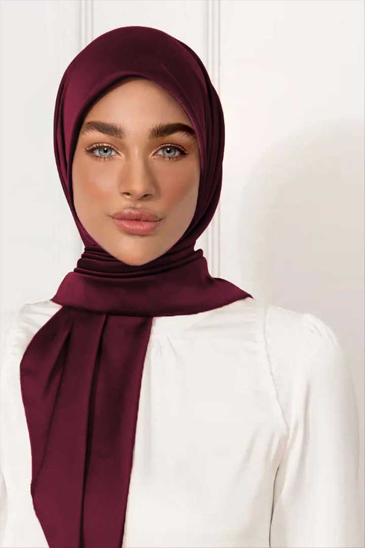 Shiny Satin Hijab - Burgundy - Model