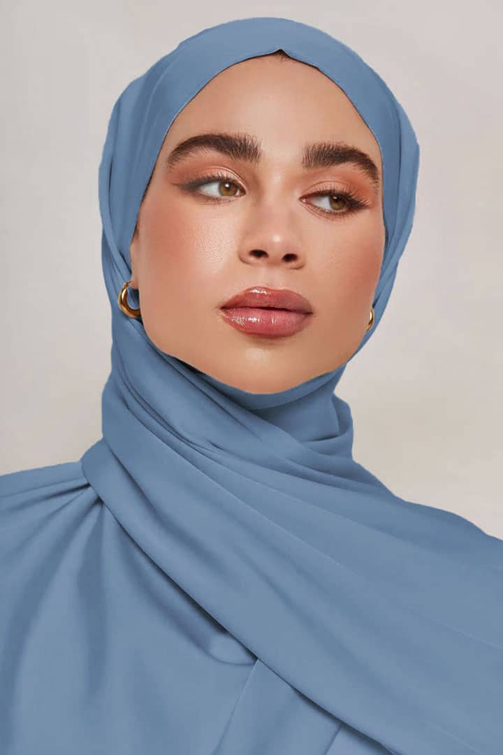 Shiny Satin Hijab - Sky Blue - Model
